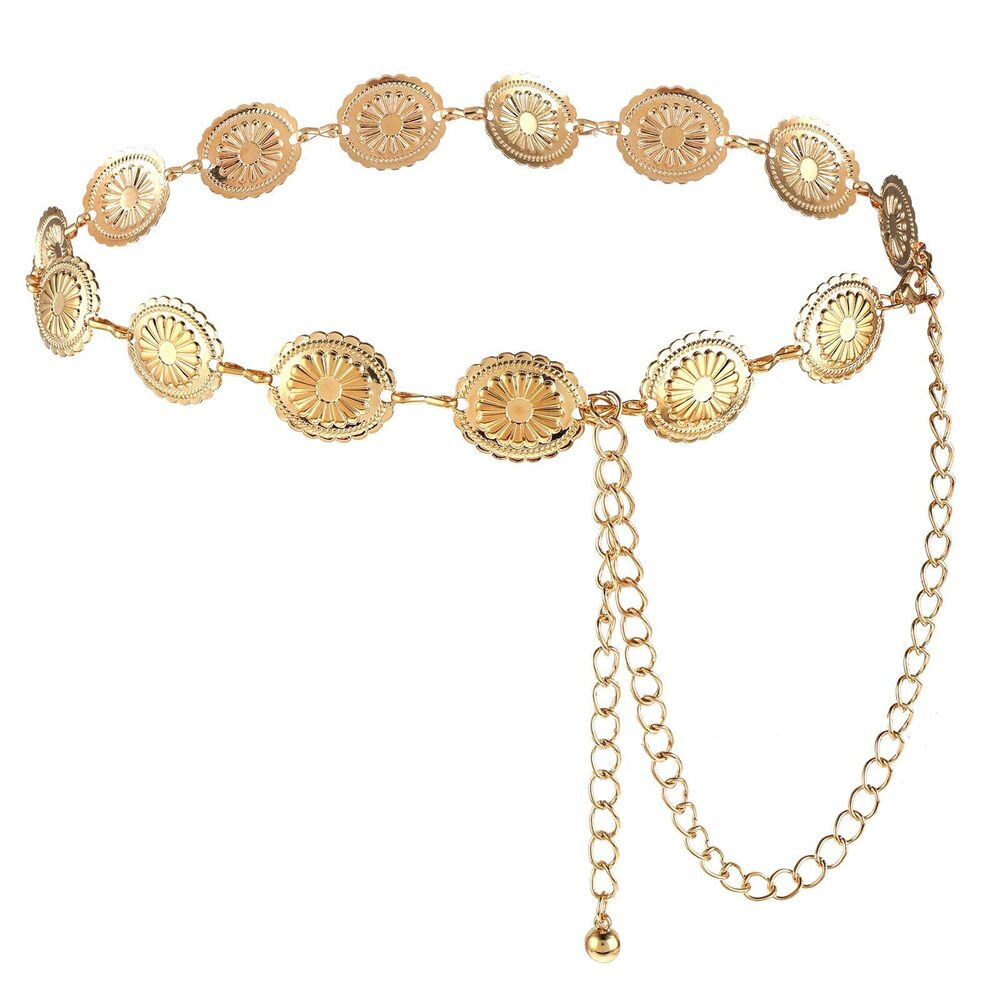 6864 Western Metal Concho Belt, Hollow Out Daisy Chain Belt Adjustable Boho